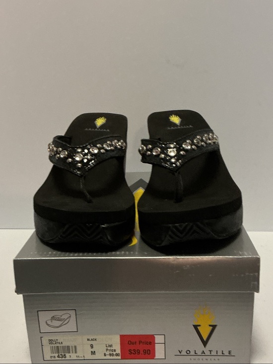 Volatile Shoes - Volatile Black Wedge Thong Sandals with Crystal Accents